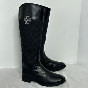 Tory Burch Riding Boots Black Leather Wool Logo Knee High 9M designer chic